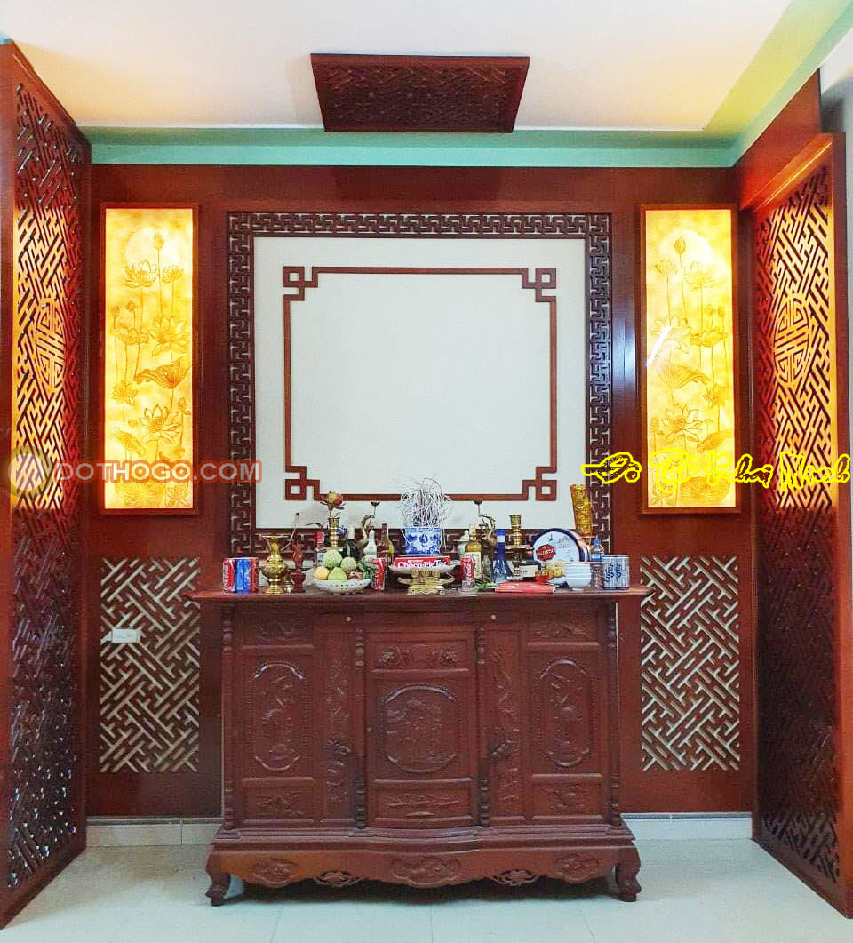Tủ thờ Tam đa cánh cong gỗ Gụ trong phòng thờ gia tiên